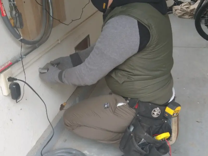 Electrician performing outlet wiring in a Anthony garage
